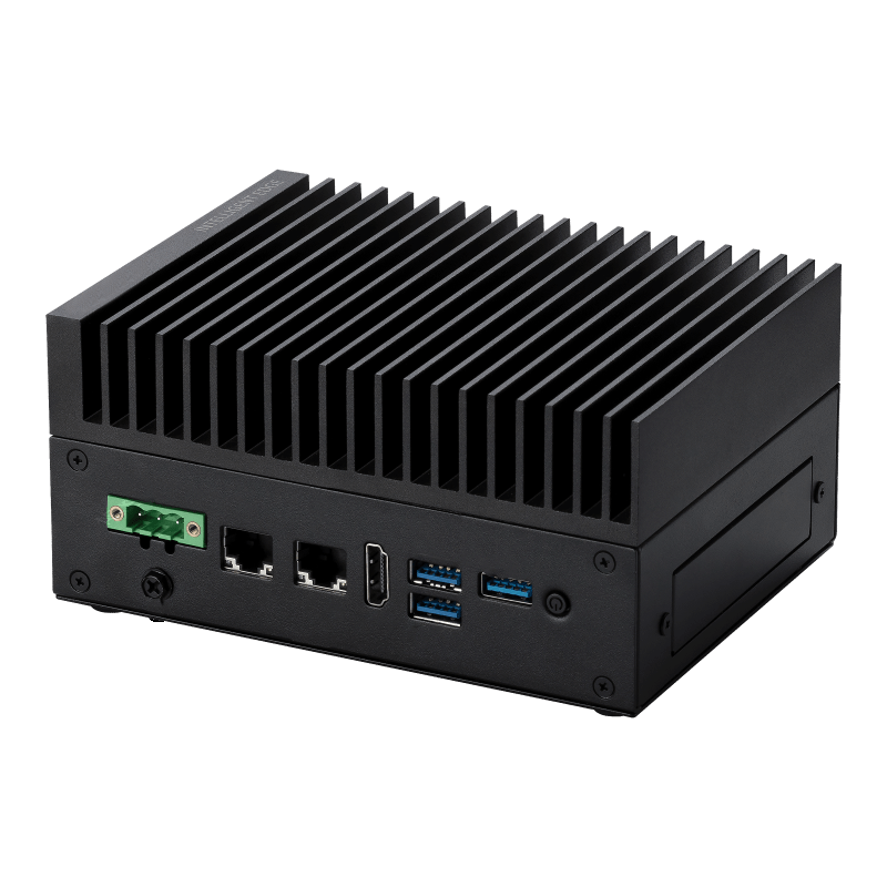 VisionAery fanless industrial edge server — heatsink-cooled, dual-NIC, USB 3.0, terminal-block power
