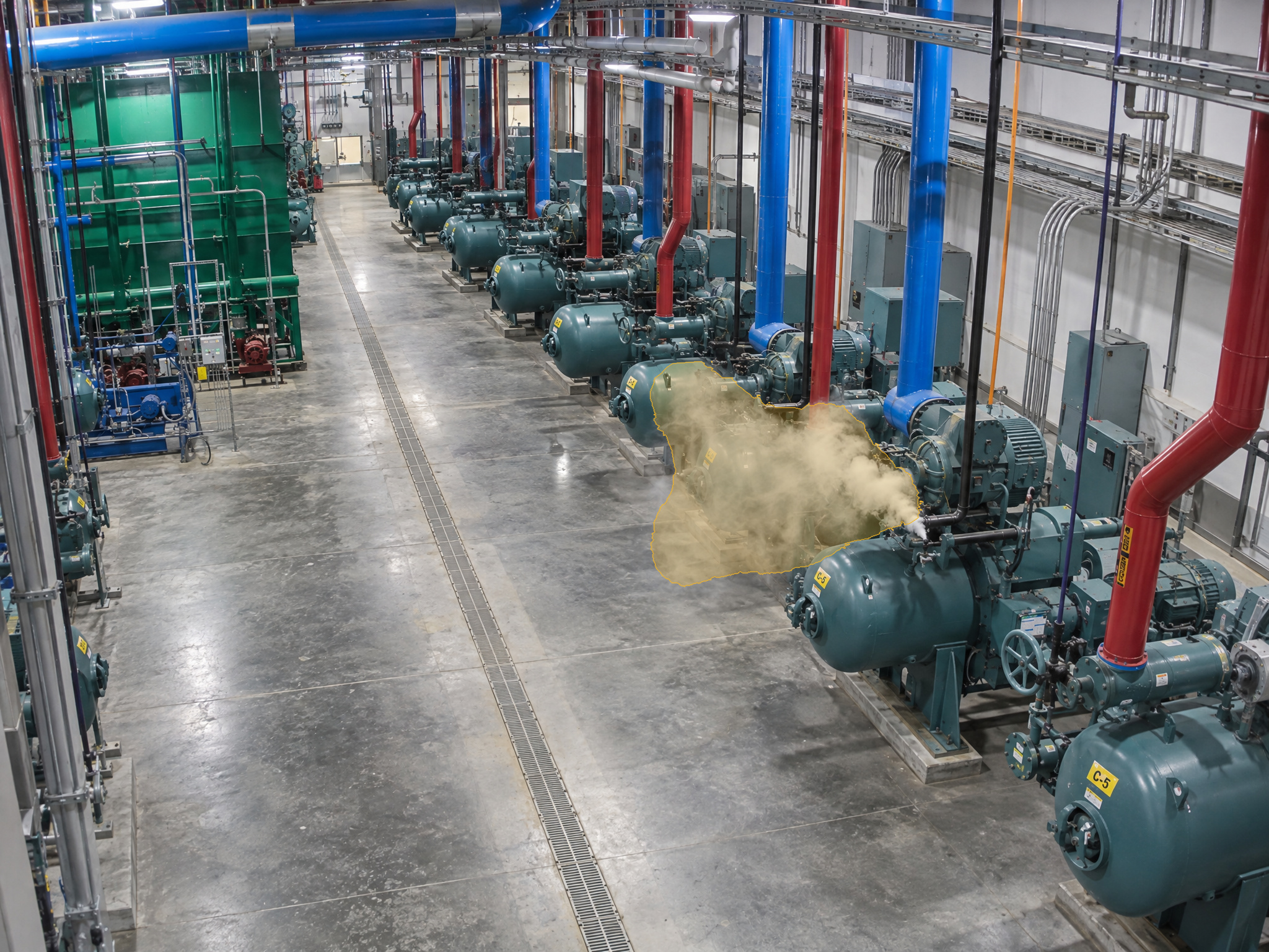 Real V4 detection, processed live: Industrial chiller plant, visible vapor detected. Overlay output of VisionAery Liquid Leak Detection.
